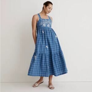 Madewell Cicely Embroidered Plaid Midi Dress Blue 100% Cotton Size 00 Pockets